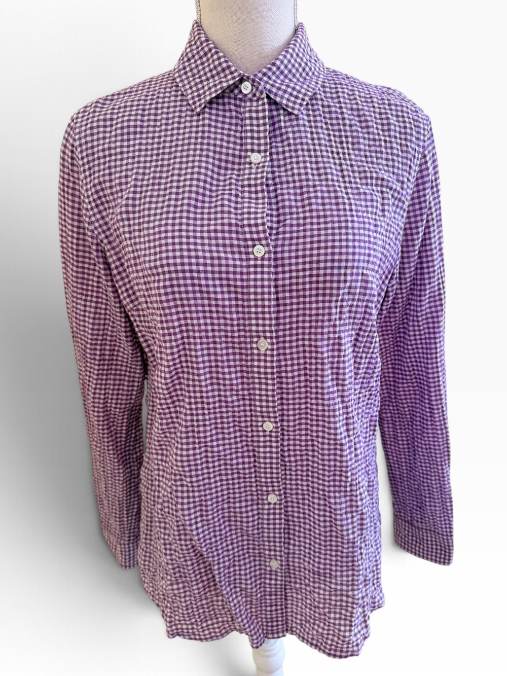 J. McLaughlin Purple/White Gingham Check Crinkle Button-Up Shirt M
